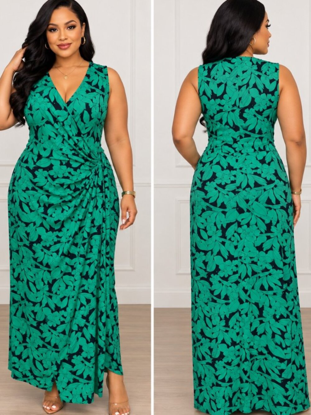 London Times Resort Wear Women's Green &Purple Floral Wrap Maxi Dress Size 8